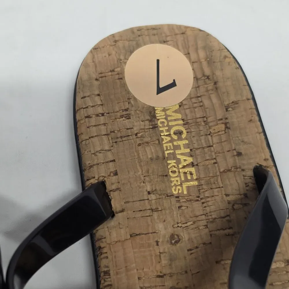Michael Kors Women's 7 Black Jelly Thong T strap Sandals Gold Logo Cork Insoles